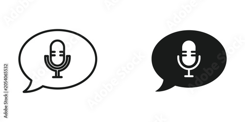 Speech bubble with microphone icon in black and white for podcasting or voice communication concept