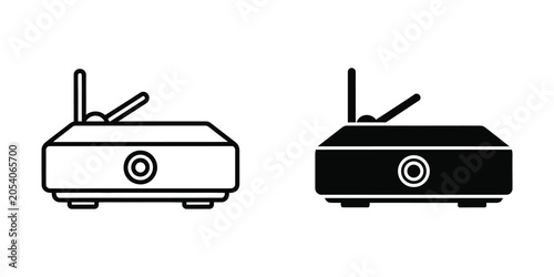 Wireless router icon in outline and solid black on white background for technology concepts