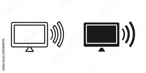 Wireless signal emanating from a computer monitor icon in flat design style