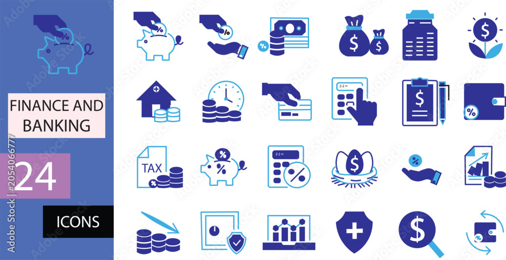 Fototapeta premium Finance and Banking Icons 24 Vector Icons. Pension fund, profit growth, piggy bank, finance budget, income minimal vector illustration. Simple outline signs for investment. Blue duotone color. Editab