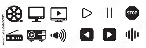 Schilderij op canvas Media and video player vector icons set featuring play pause stop film reel proj