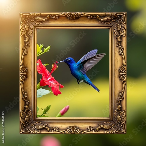 Hummingbird in Flight - A Vibrant Moment Captured in a Golden Frame.