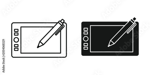 Digital drawing tablet with stylus on a blank screen in vector outline and solid fill for graphic design