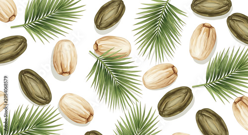 Watercolor pattern of date palm leaves and ripe brown dates