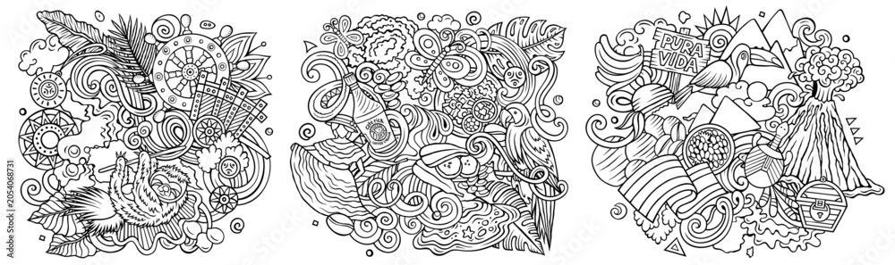 Fototapeta premium Costa Rica cartoon vector doodle designs set. Line art detailed compositions with lot of Costa Rican objects and symbols. Authentic local cultures illustration