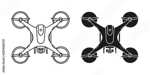 Quadrocopter drone silhouette in outline and solid black on white background for technology concepts