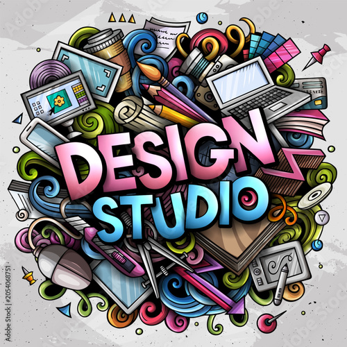 Design Studio text doodle vector illustration. Cartoon hand drawn colorful objects, symbols and elements about design profession background