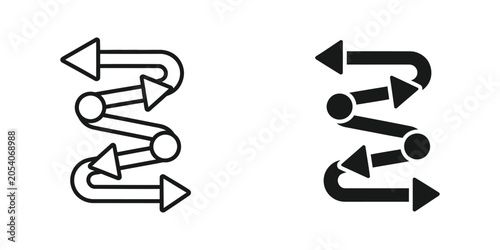 Zigzagging arrows with circles indicating direction changes on a white background