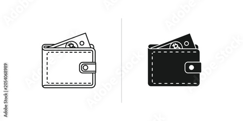 Wallet with cash and coin icon in two styles line art and solid silhouette on white background