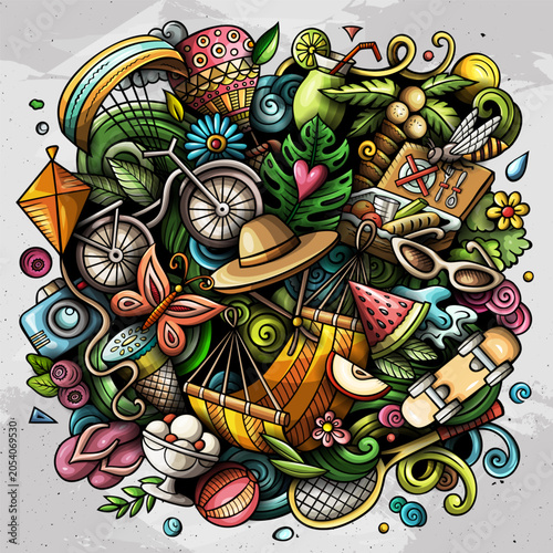 Summer hand drawn cartoon doodle illustration. Funny seasonal design. Creative art vector background with summertime elements and objects. Colorful composition