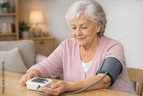 A mature woman taking her own blood pressure in a cozy living room setting.