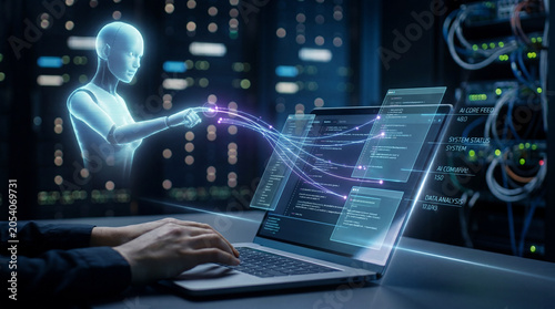 Futuristic holographic figure interacts with laptop, displaying data and code.AI agent analyzing data beside screen, highlighting integration of artificial intelligence