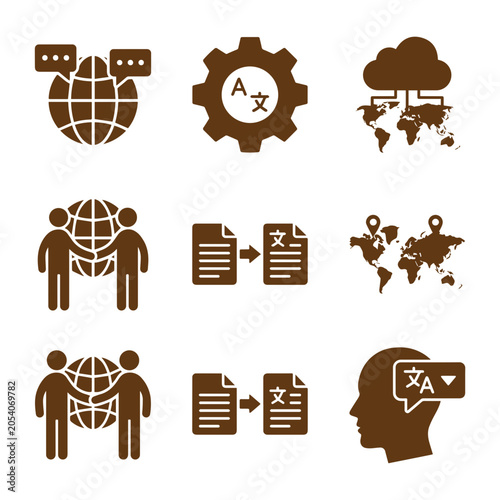 Foto Translation Icons Set Brown Flat Pictograms On White Background