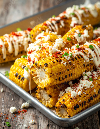 Charred Mexican street corn is smothered in creamy mayo and sprinkled with chili powder and crumbled cotija cheese on a tray.