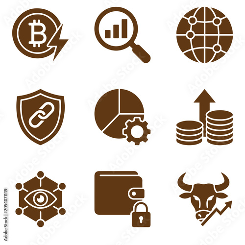 Financial Icons Collection Brown Silhouette Style On White Background