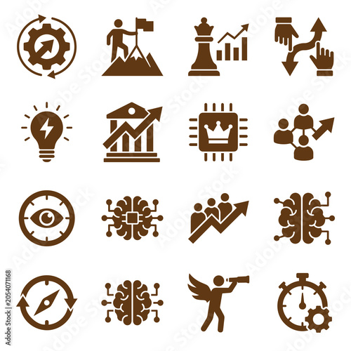 Business Strategy Icons Brown Flat Pictograms On White Background