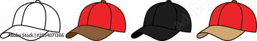 Photos Four different colored baseball caps with various brim colors shown in a row sid
