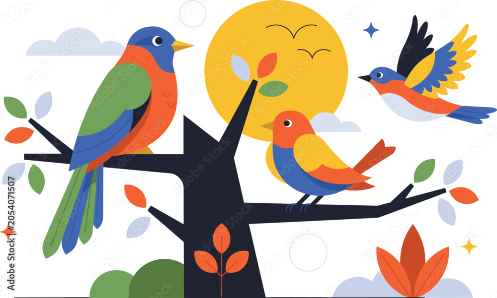 Obraz premium Flat Style Spring Bird Nature Illustration featuring Colorful Songbirds Perched on Tree Branches and Flying against a Bright Morning Sun Background