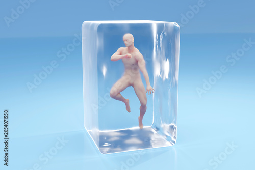Three dimensional render of male character frozen inside cryogenic cube