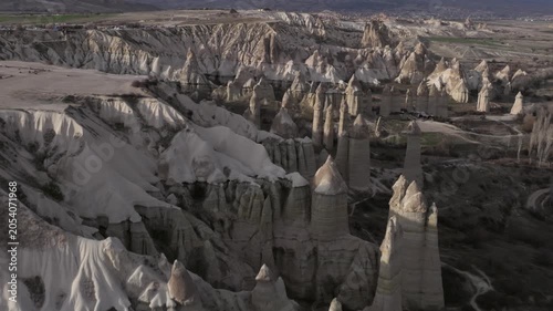 Drone view of Göreme, a historic town in Cappadocia famous for its fairy chimneys, cave houses and unique volcanic landscape.
