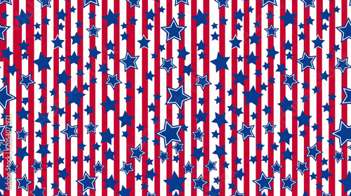 Decorative patriotic background with vertical red stripes and small blue stars.