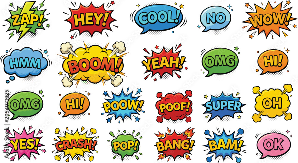Fototapeta premium Comic Book Speech Bubble and Sound Effect Icon Set Featuring Pop Art Expressions Halftone Dots and Explosion Clouds Vector