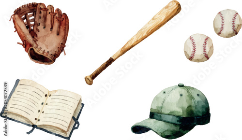 Vintage Baseball Watercolor Collection with Classic American Sports Equipment