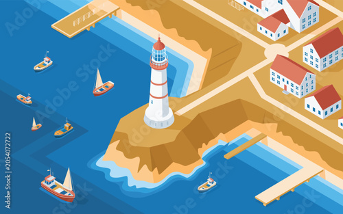 Isometric coastal village with lighthouse and sailing boats lighthouse isometric maritime landscape navigation