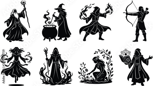 Obraz na płótnie Silhouette vector illustration of fantasy magic characters including wizards, wi