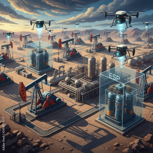 Bild auf Leinwand Modern Oil Field with Drones and ESP Technology.