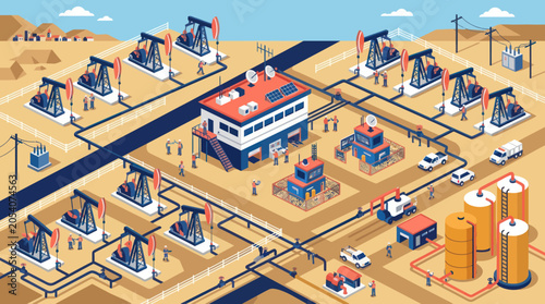 Oil extraction and processing facility with pumpjacks and storage tanks.