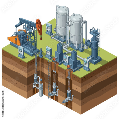 Oil Extraction and Processing Facility with Subsurface Components.