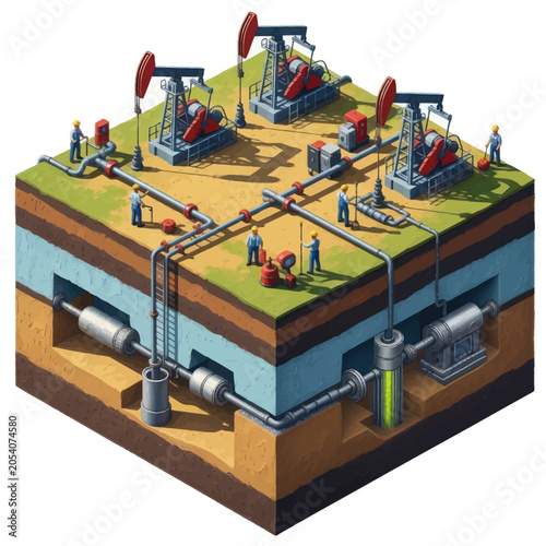 Oil Extraction and Processing Facility with Pumpjacks and Underground Infrastructure.