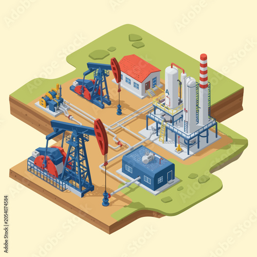 Oil extraction and processing industrial complex isometric view.