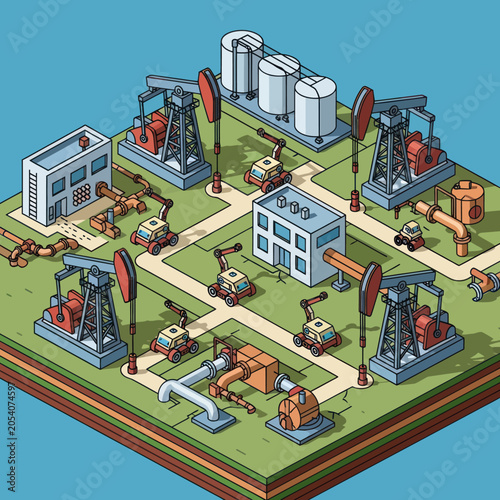 Oil extraction and processing industrial complex isometric view.