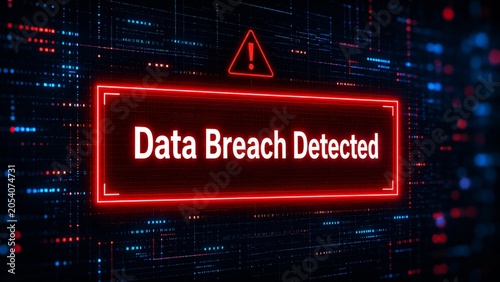 A digital alert indicating a data breach has been detected, featuring a red warning sign against a backdrop of binary code and network graphics.