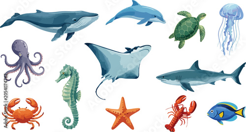 Colorful Watercolor Marine Life Ocean Creatures Vector Set