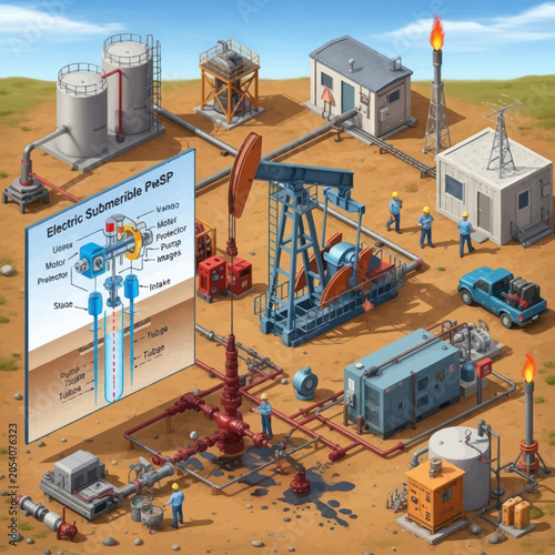 Oil Rig Pumping Unit and Electric Submersible Pump Diagram Illustration.