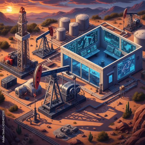 Oil Rig Technology and Control Center in Desert Landscape.