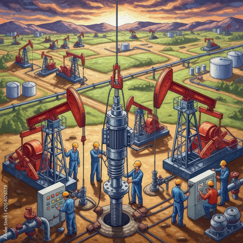 Oil Rig Workers Assembling Complex Machinery at Wellhead.