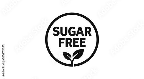 Sugar free label with leaf illustration black and white icon on white background