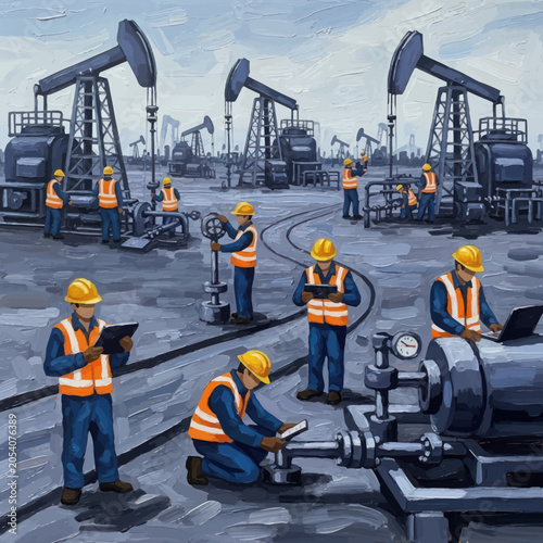 Oil rig workers diligently performing tasks on an industrial site.