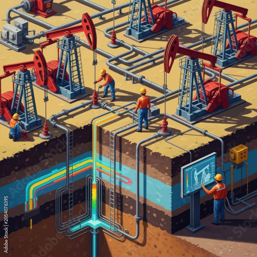 Oil rig workers monitoring underground energy extraction and distribution systems.