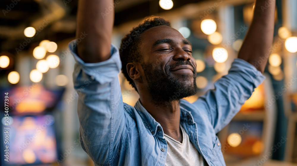 Fototapeta premium An excited man celebrates softly a calm win playing an arcade game at a bright entertainment venue in soft daylight arcade win open face bright venue daylight workspace soft