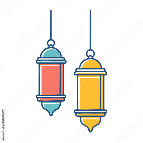 Two Colorful Lanterns Flat Design Vector