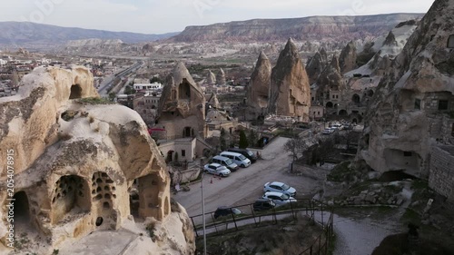 Drone view of Göreme, a historic town in Cappadocia famous for its fairy chimneys, cave houses and unique volcanic landscape.