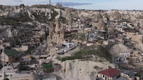 Drone view of Göreme, a historic town in Cappadocia famous for its fairy chimneys, cave houses and unique volcanic landscape.