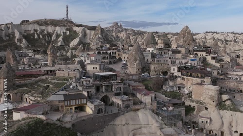 Drone view of Göreme, a historic town in Cappadocia famous for its fairy chimneys, cave houses and unique volcanic landscape.