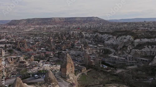 Drone view of Göreme, a historic town in Cappadocia famous for its fairy chimneys, cave houses and unique volcanic landscape.