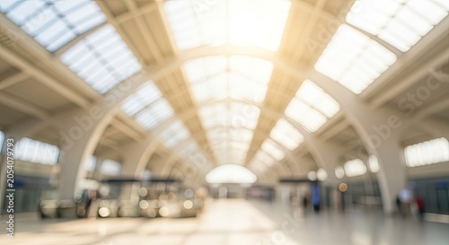 Blurred Modern Airport Terminal Interior with Bright Sunlight.